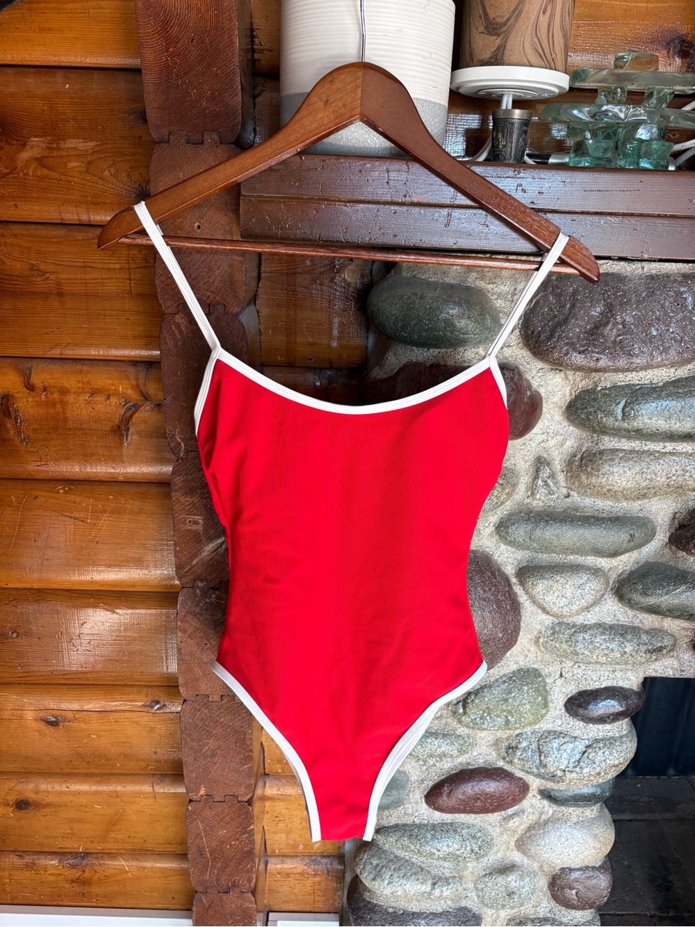 No Boundaries Red White Ribbed High Cut One Piece Swimsuit S